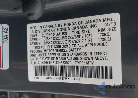 2013 Honda Cr-V Ex z USA, uszkodzony, nr VIN 2HKRM4H51DH653920